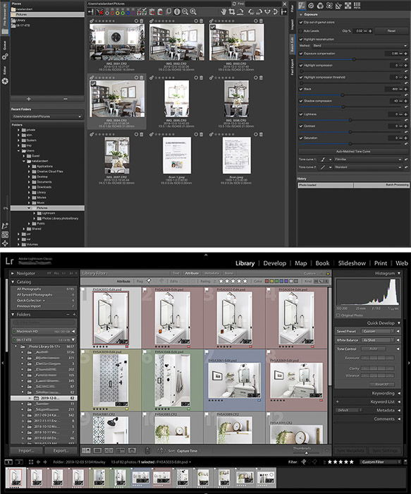 RawTherapee interface (top) is similar to Lightroom's interface (bottom) but does feel less intuitive.