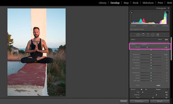 a screenshot of adjusting the white balance of a photo in Lightroom