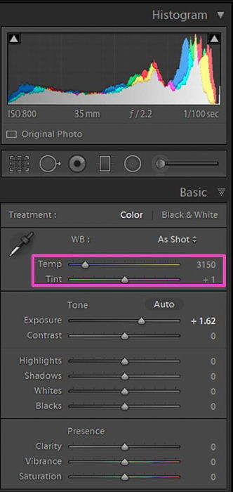 a screenshot of adjusting the white balance of a photo in Lightroom