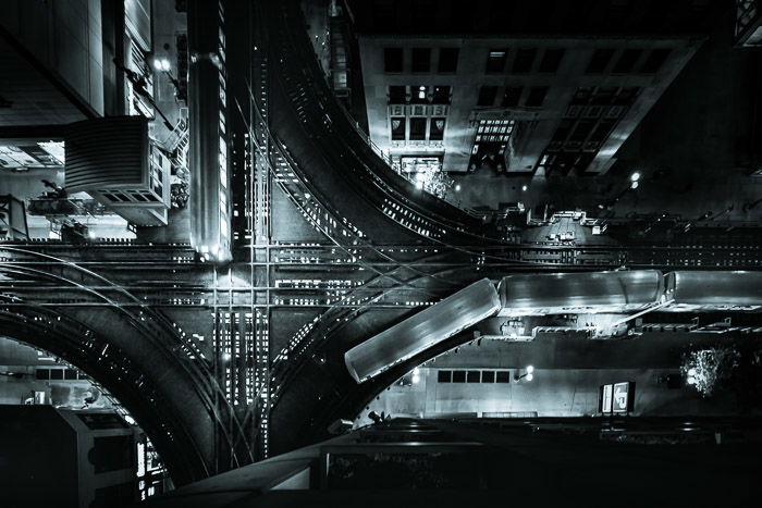 Digital photography aerial view of a sprawling cityscape at night