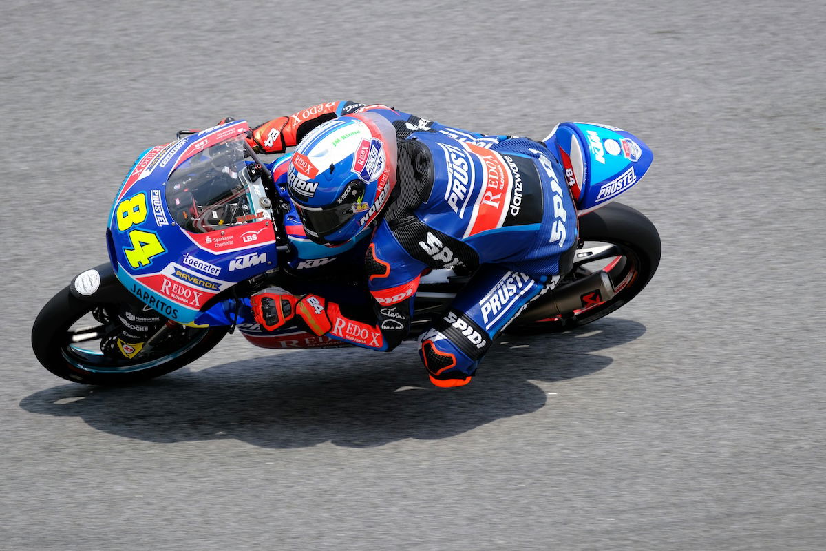 A sharp photo of a motorcycle race making a turn from above as an example of motorsports photography