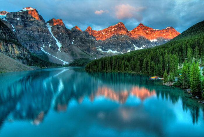 HDR photo of a landscape with mountains in the background