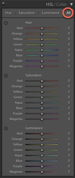 A screenshot of using the hsl panel in Lightroom