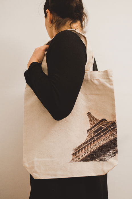 Photo of a canvas bag with the Eiffel tower printed on it