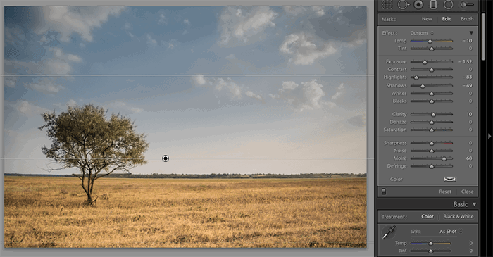 Panels in Lightroom with a landscape photo 