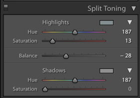 A screenshot of using split toning in Lightroom