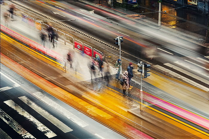 A composite of 11 images showing motion blur of trams in Budapest 