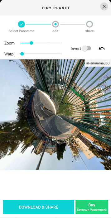 A screenshot of making Tiny Planets photo using P360 app