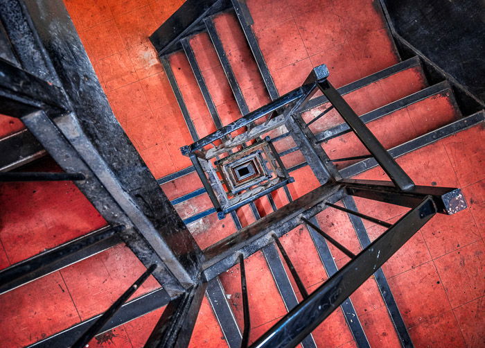 Interesting composition: Birdseye view of a spiral staircase 