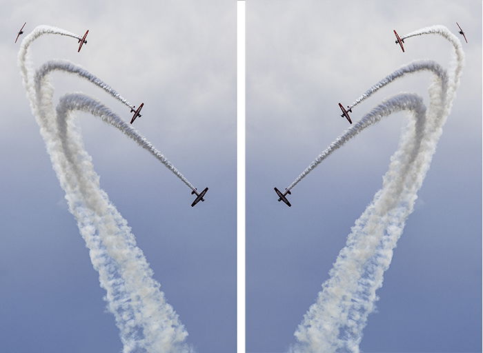 Diptych of airplanes performing stunts