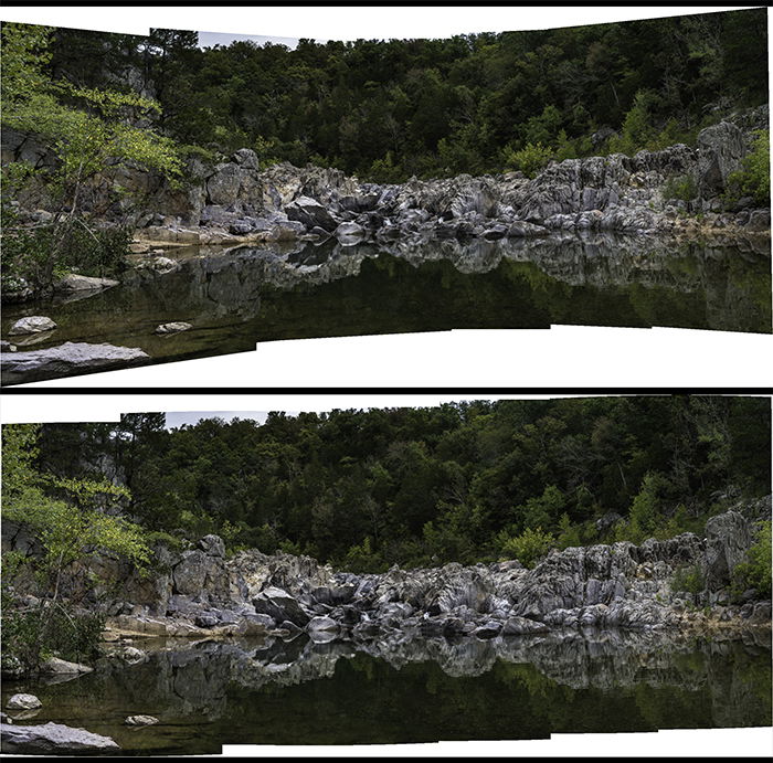 6-image panorama of a stream in the Missouri Ozarks. 