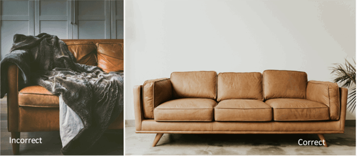 A diptych showing the incorrect and correct way to shoot product photography of a leather couch 