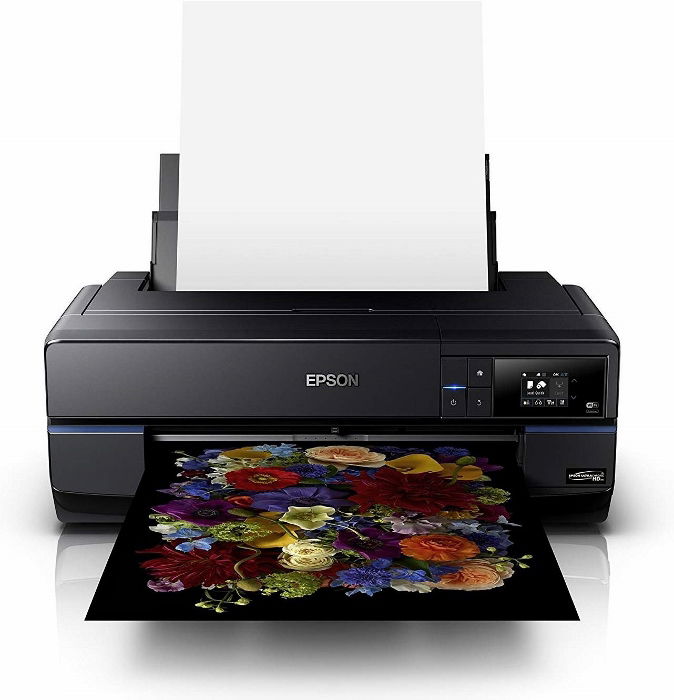 Epson printer printing a photo of brightly colored flowers