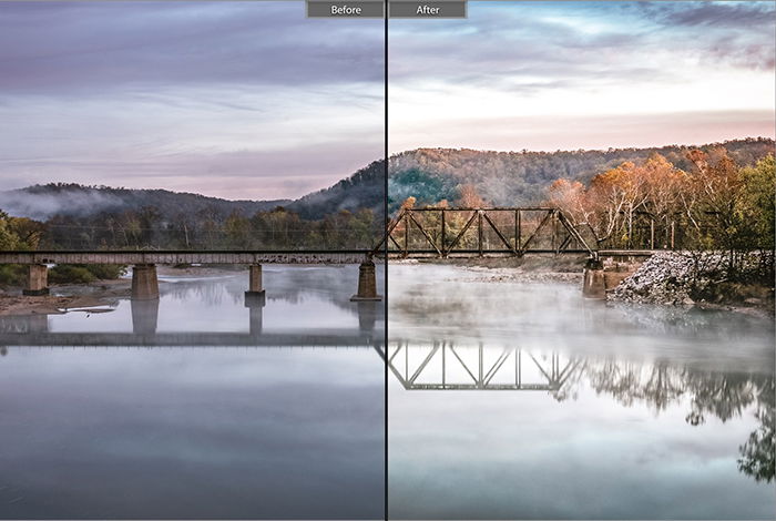 Split image showing before and after editing with Classic bright lightroom presets on a landscape photo