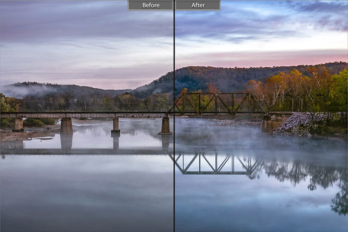 Split image showing before and after editing with Dull Slot Canyon lightroom presets on a landscape photo