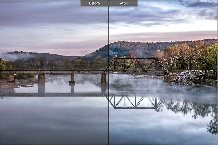 Split image showing before and after editing with High Contrast Scene – Light Shadows lightroom presets on a landscape photo