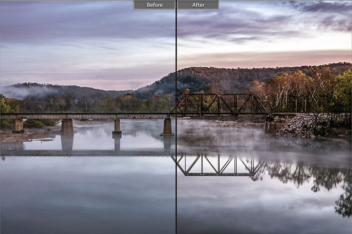 Split image showing before and after ediitng with Magic Nature lightroom presets for a landscape photo