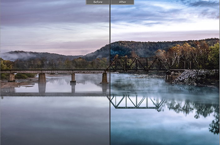 Split image showing before and after editing with Sucker Punch lightroom presets on a landscape photo