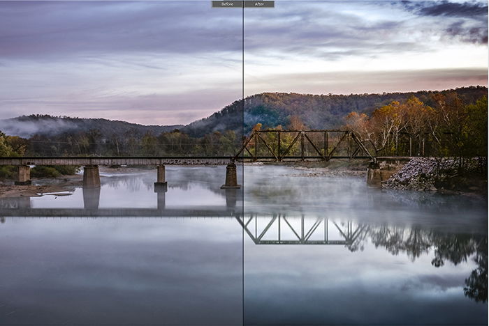 Split image showing before and after editing with Summer Breeze lightroom presets on a landscape photo