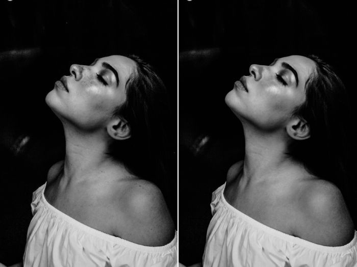 Diptych portrait of a female model before and after Photoshop retouching