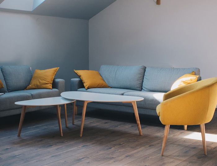 Blue and yellow furniture indoors 