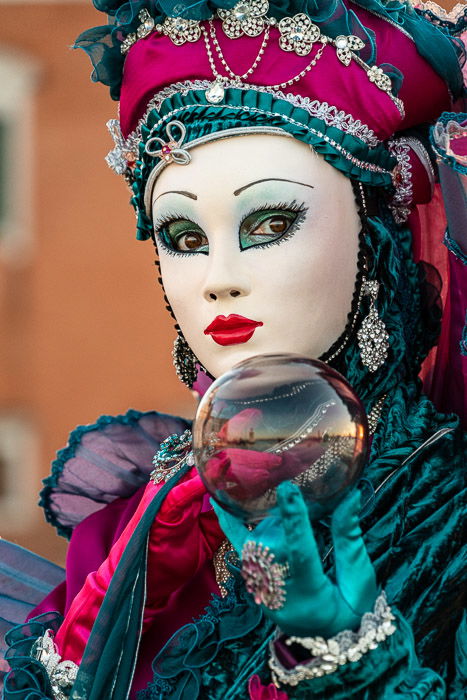 Close-up of masked costume at Carnival in Venice.