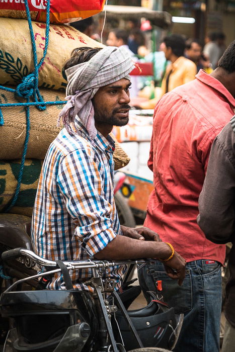 A busy street in the spice market of Delhi, India.