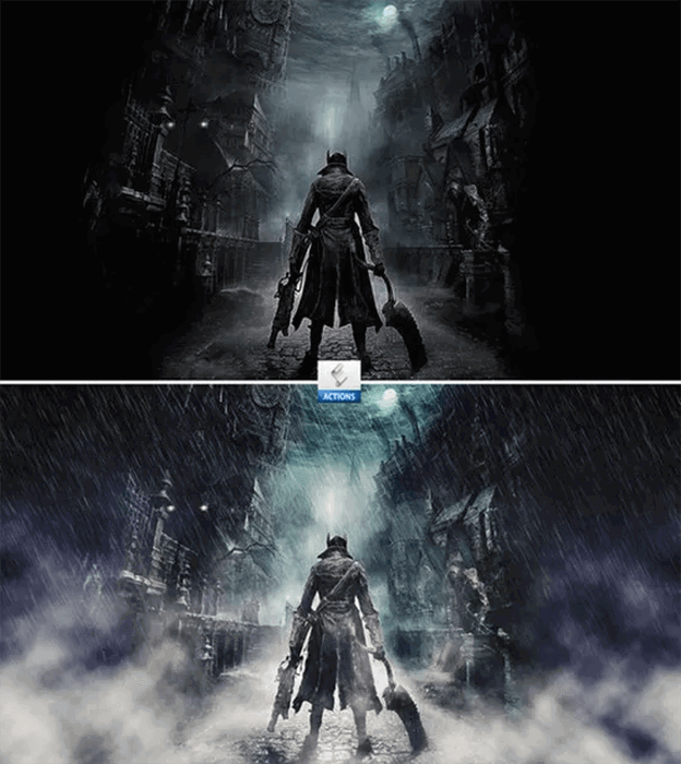 Before-and-after diptych of a fantasy portrait using a cinematic rain effects Photoshop action