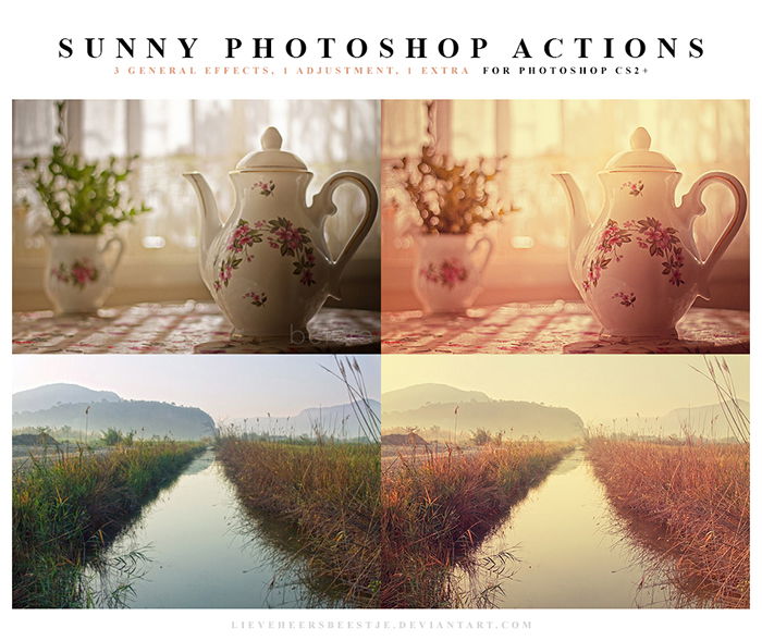 Screenshot of before-and-after images of a teapot and vase on a table and a landscape with a sunny Photoshop actions applied