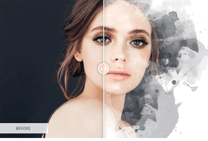 A before and after screenshot of a woman's fashion headshot with a watercolor Photoshop action added to it