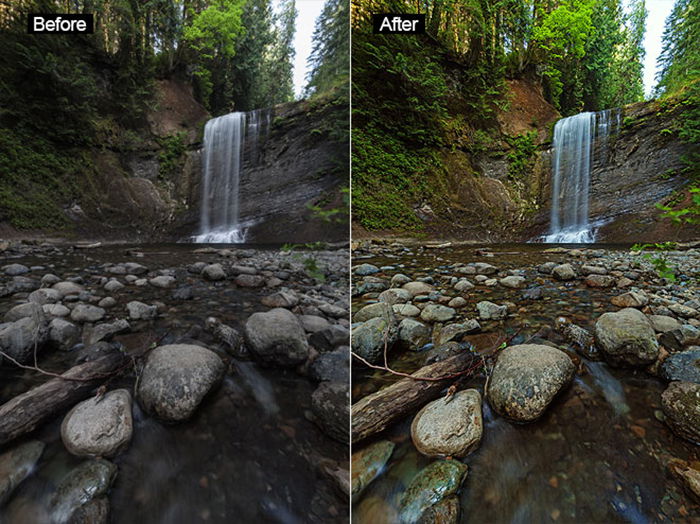 Waterfall diptych photo showing before-and-after editing with a free Photoshop action