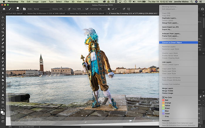 Photoshop screenshot showing the process of converting layers to smart object.