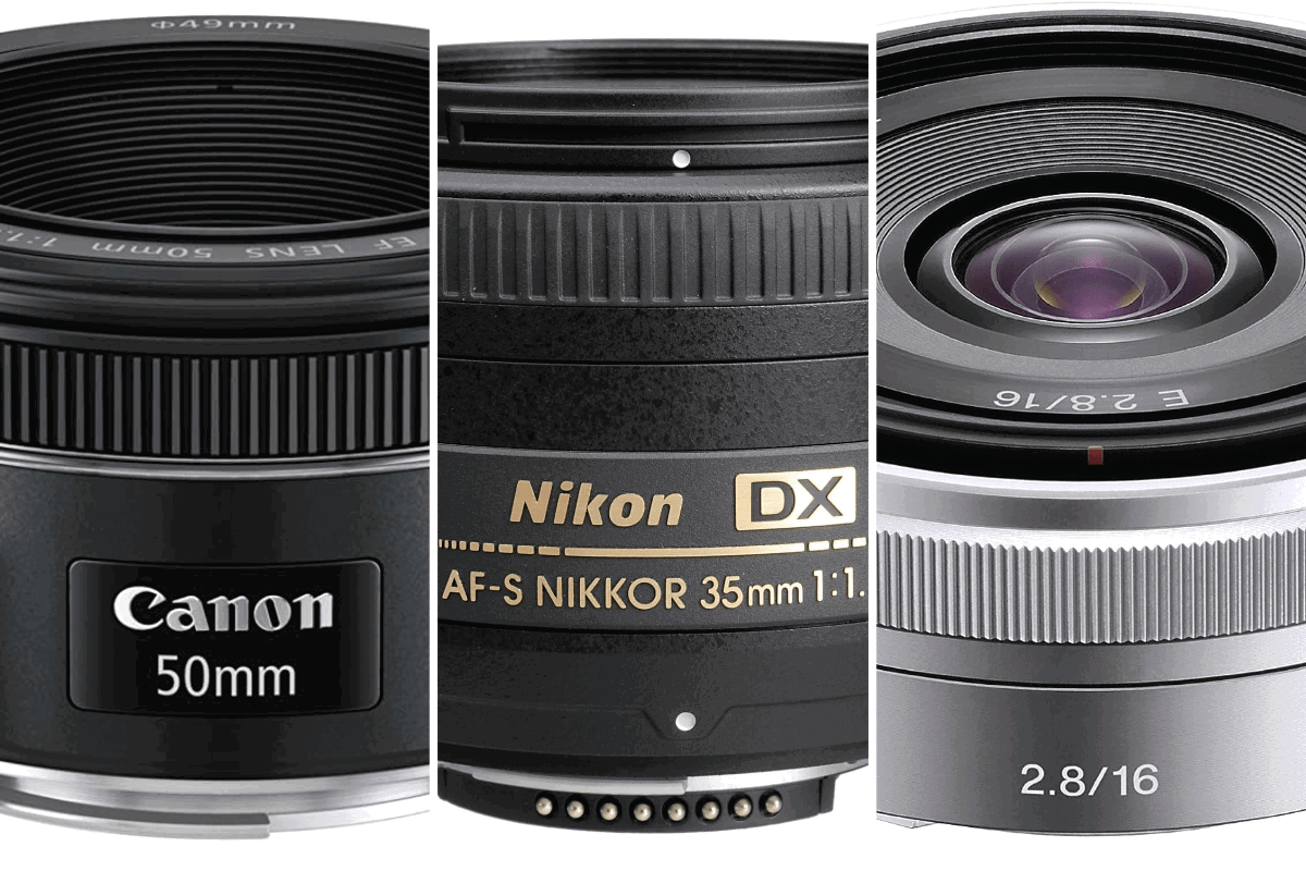 A closeup of Canon, Nikon, and Sony prime lenses to take sharp photos