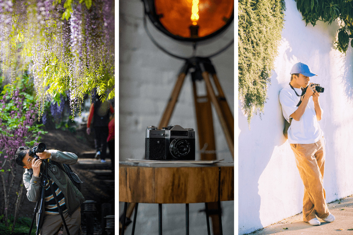 Triptych showing how to stabilize a camera with a tripod, camera, and leaning on a wall