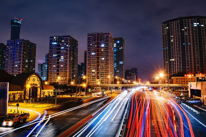 Long exposure of car light trails for nighttime time-lapse photography