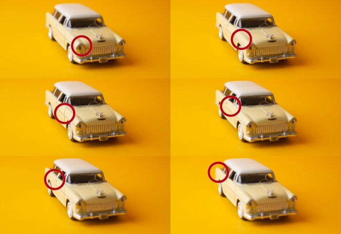 6 image grid of a toy car with a circle indicating the focal plane of each