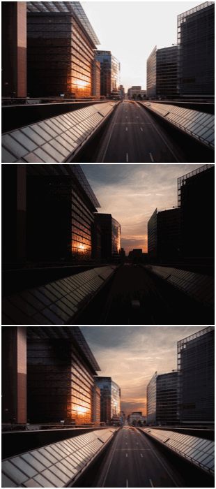 A cityscape triptych ND filter to improve the sky when capturing light trails at dusk.