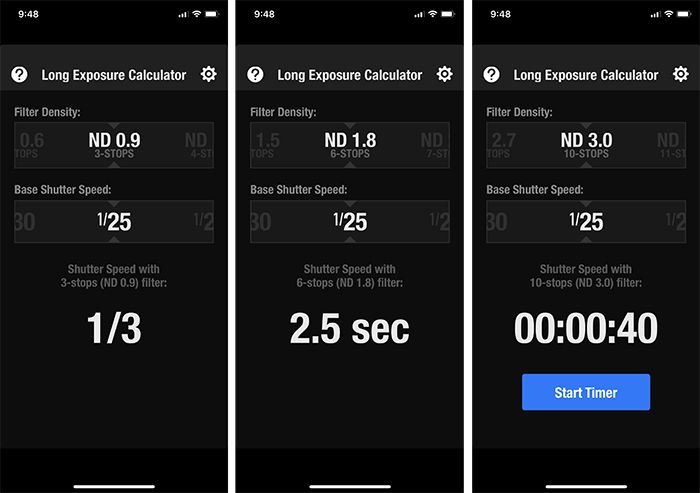 Long Exposure Calculator app screen shot showing a baseline shutter speed of 1/25th of a second and the changes to the shutter speed depending on what ND filter I choose at the top.