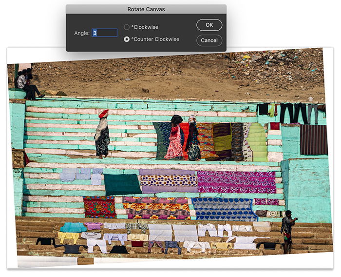 Screenshot of Photoshop workspace. Image rotated 3 degrees counter clockwise using the Arbitrary tool in Image Rotation.