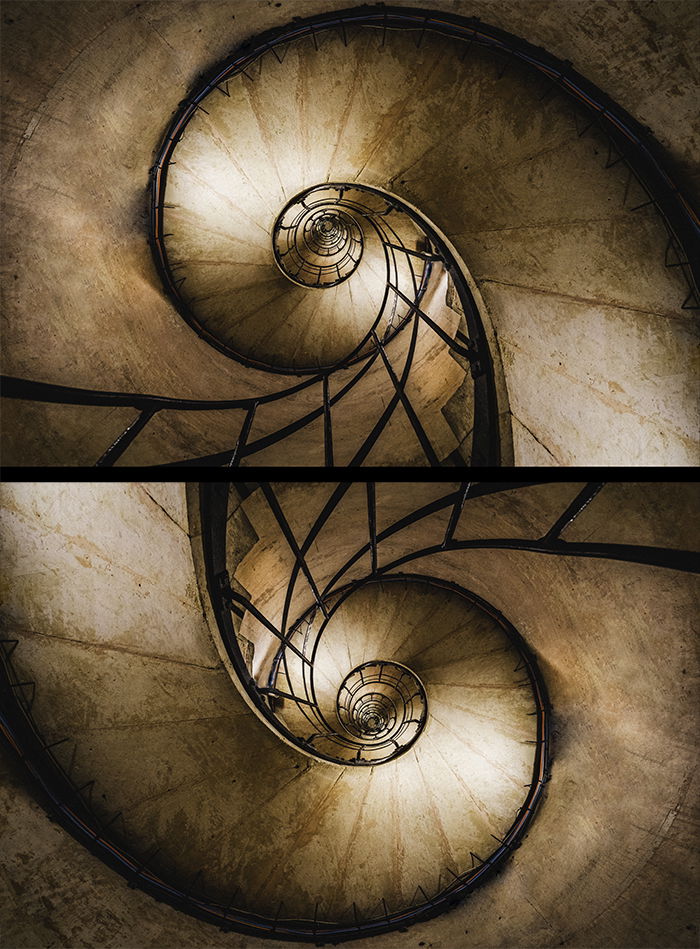 Diptych of a rotated spiral staircase