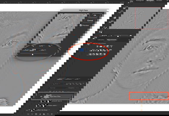 Screenshot of Photoshop workspace showing High Pass filter dialogue box and results.
