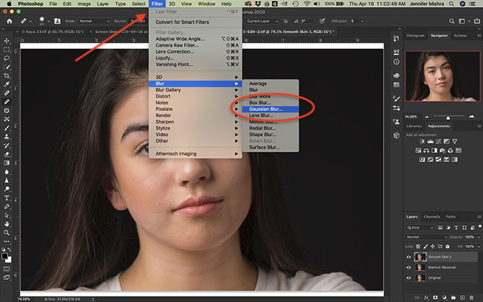 Screenshot of Photoshop workspace showing how to open Gaussian Blur tool for smoothing skin.