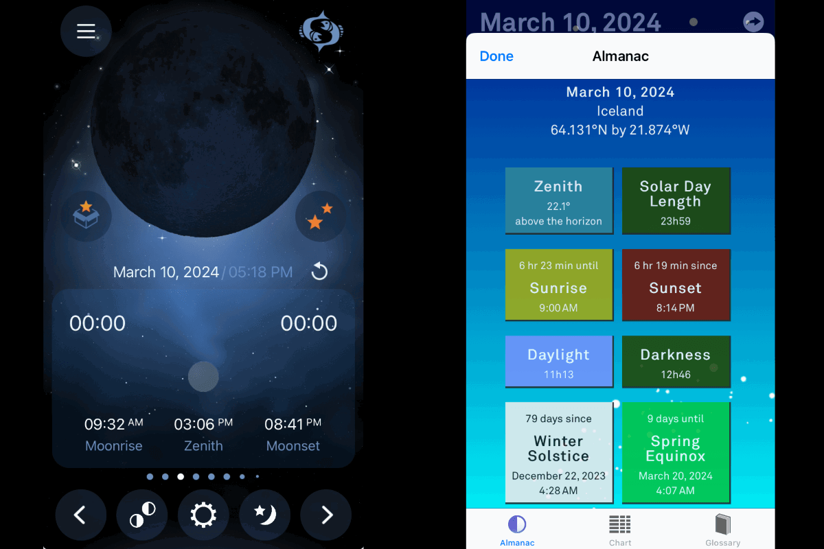 Screenshots of the Deluxe Moon and Sol apps to find the Milky Way showing a new moon phase and times of full darkness in Iceland