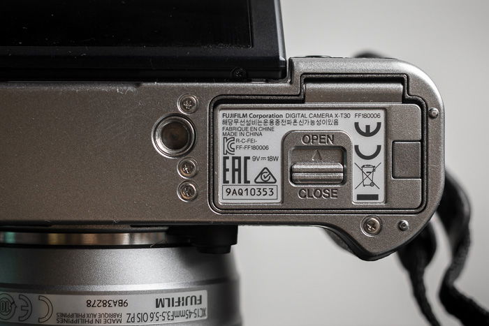 Battery compartment of Fujifilm X-T30 camera