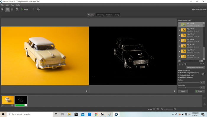 A screenshot of focus stacking in Helicon Focus