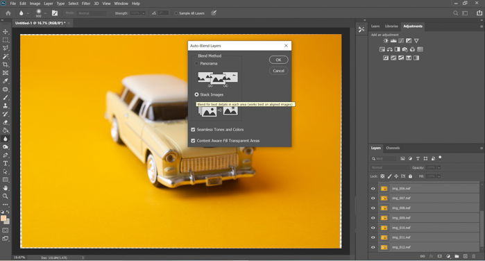 A screenshot of auto-blending layers in Photoshop