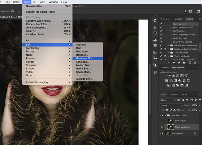 Screenshot showing how to navigate to Gaussian blur. in Photoshop