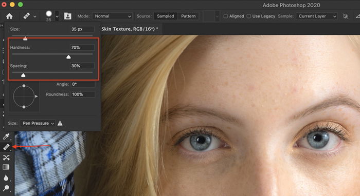 A screenshot of selecting a healing brush in Photoshop