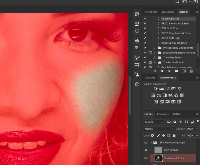 Screenshot of using a quick mask to edit a portrait with frequency separation