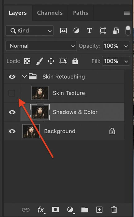 A screenshot of selecting the low-frequency layer in Photoshop layers panel